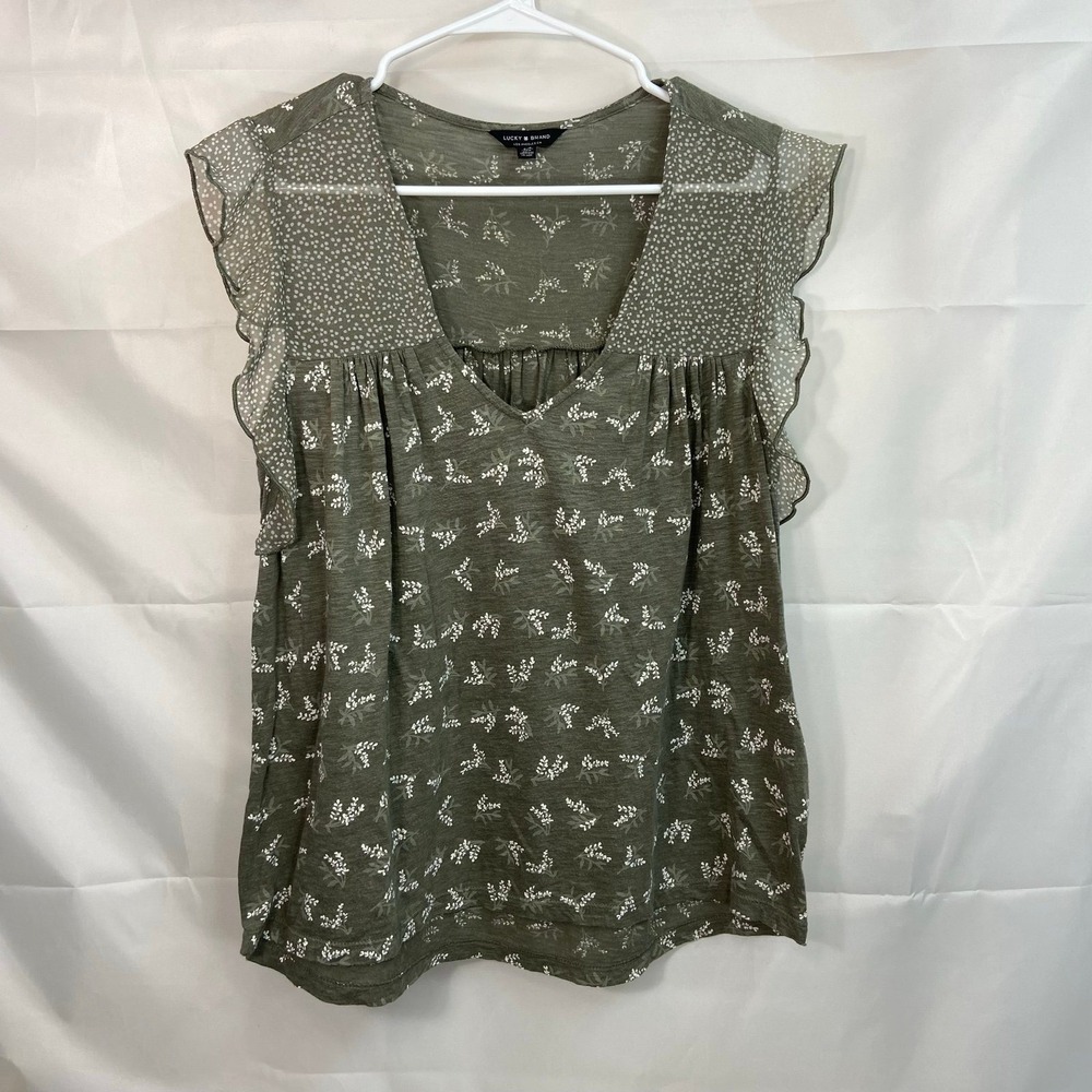 Lucky Brand women's green white floral sheer flutter sleeve v-neck blouse casual